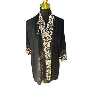 Vintage 90s Gilligan O’Malley Black Floral Trim Wrap Robe Size Small